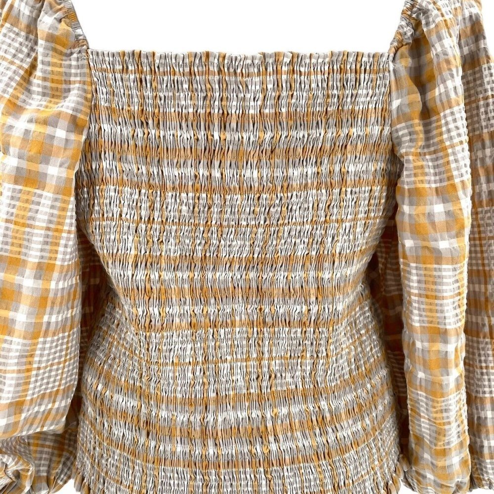 Anthropologie Maeve Plaid Square-Neck Smocked Puff Sleeve Boho Blouse size XL - Picture 6 of 8